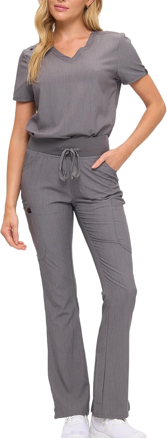 Monarch Uniforms Women's Soft Stretch Scrub Set With Nine Pockets – V-Neck Top & High-Waisted Bootcut Pants - Heather Grey
