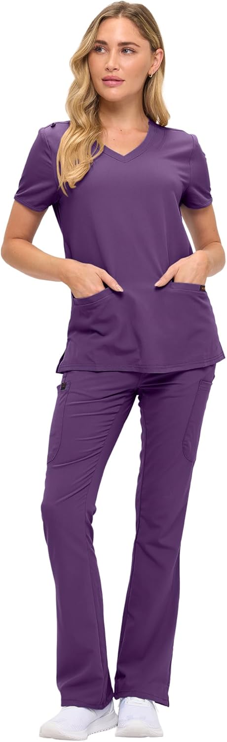 Monarch Uniforms Women's Soft Stretch Scrub Set With Nine Pockets – V-Neck Top & High-Waisted Bootcut Pants - Eggplant