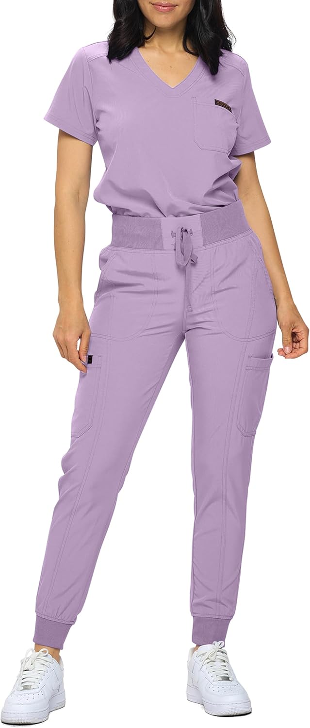 Monarch Uniforms Slim Fit Stretchy Scrubs Women's Jogger Scrub Set with Tuck-In Top - Lavender