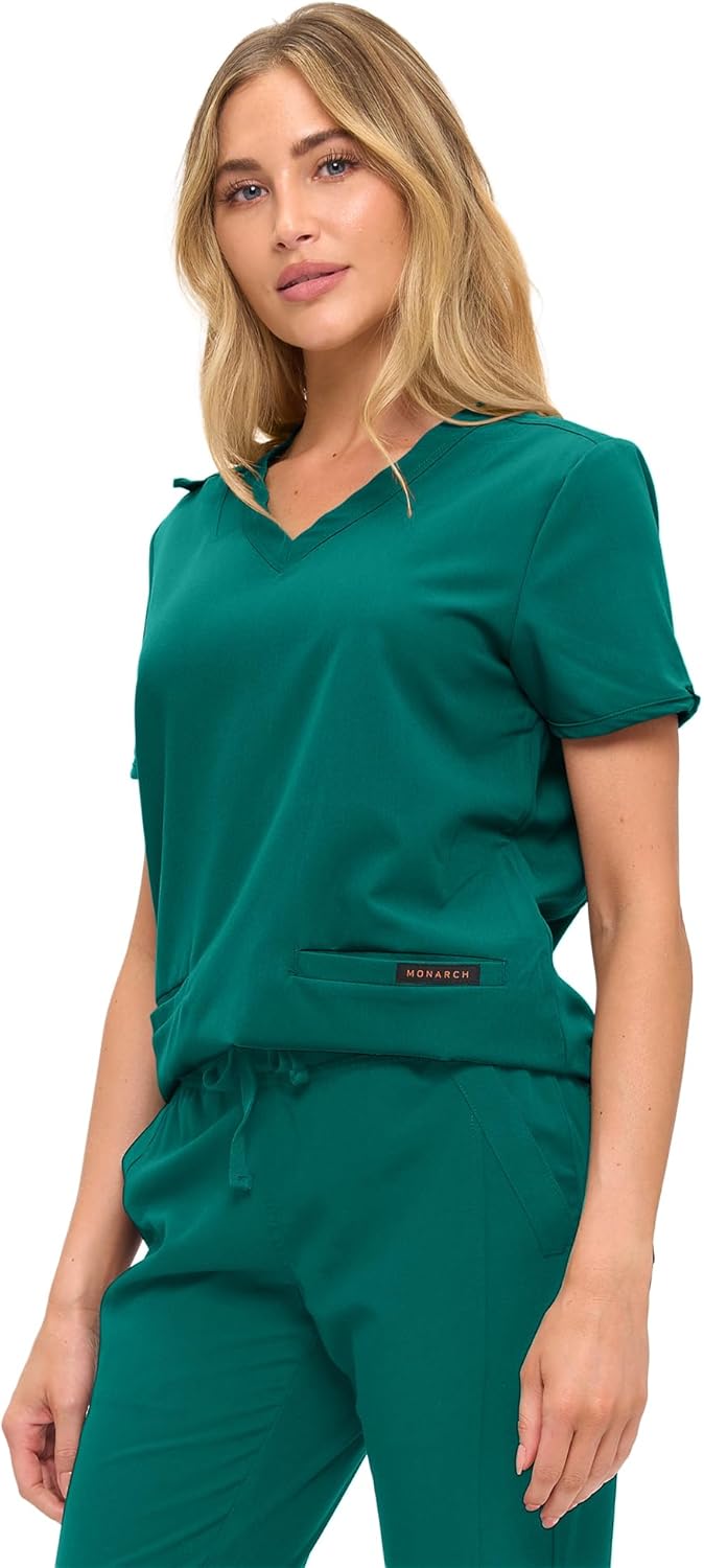 Monarch Uniforms Women's Scrub Top – Comfortable Stretch V-Neck Medical Shirt with Pockets - True Hunter Green