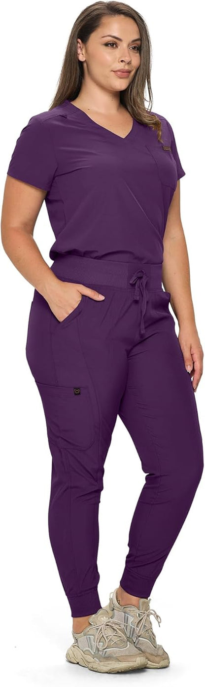 Monarch Uniforms Slim Fit Stretchy Scrubs Women's Jogger Scrub Set with Tuck-In Top - Eggplant