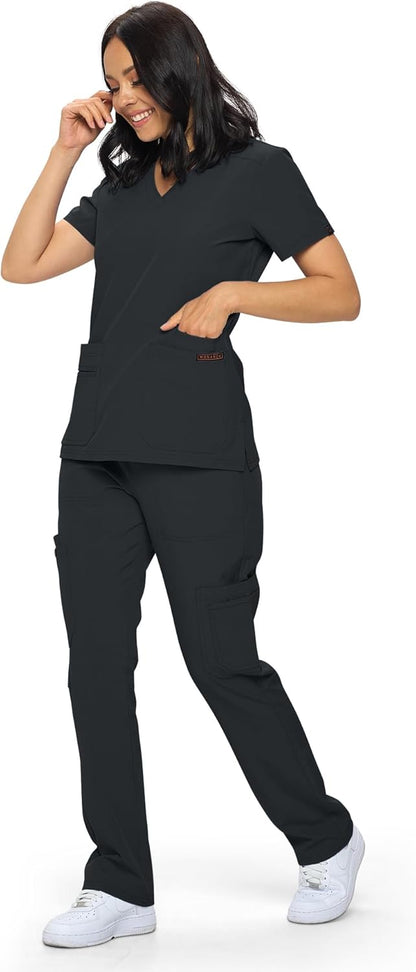 Monarch Uniforms Scrub Sets - Regular & Petite Stretchy Scrubs for Women - Set of Top & Pants - Black