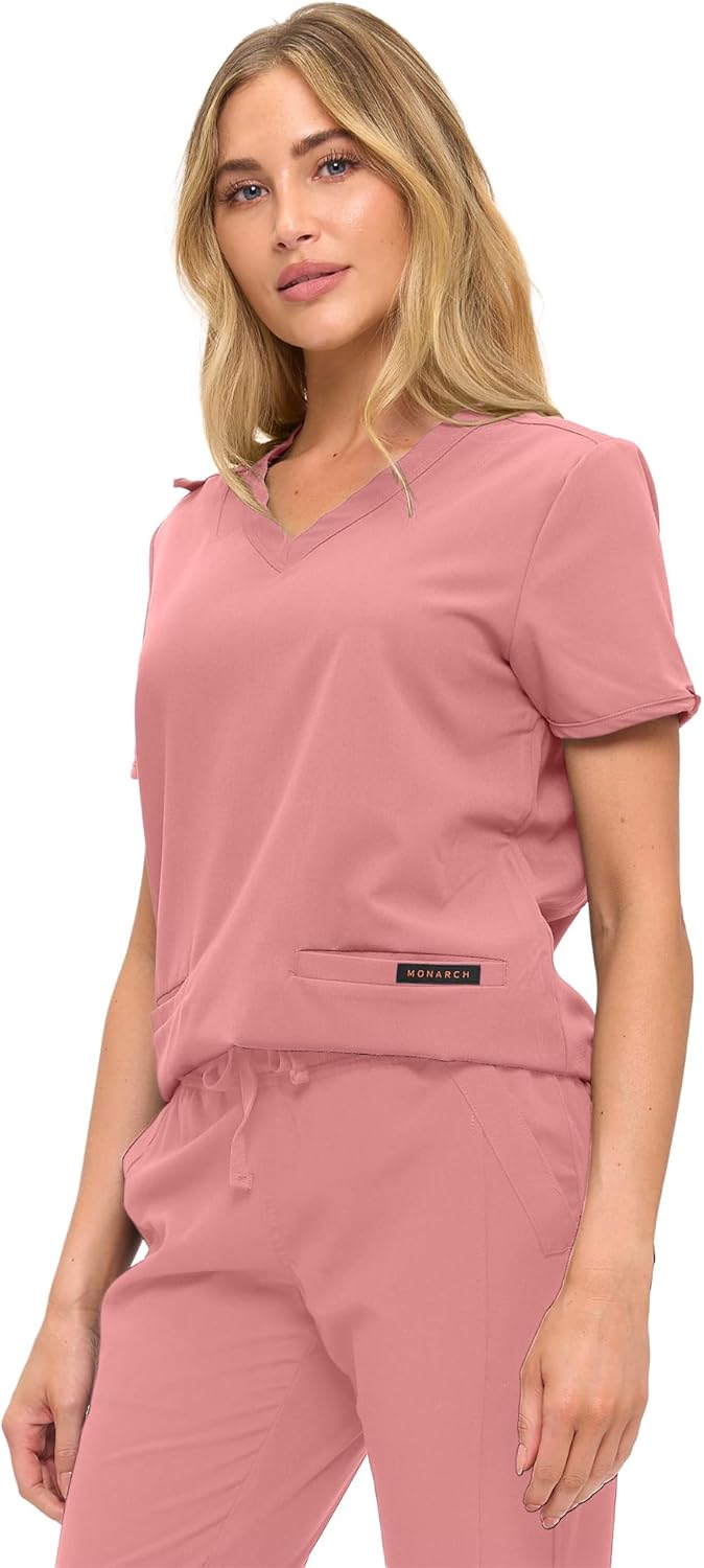 Monarch Uniforms Women's Scrub Top – Comfortable Stretch V-Neck Medical Shirt with Pockets - Mauve