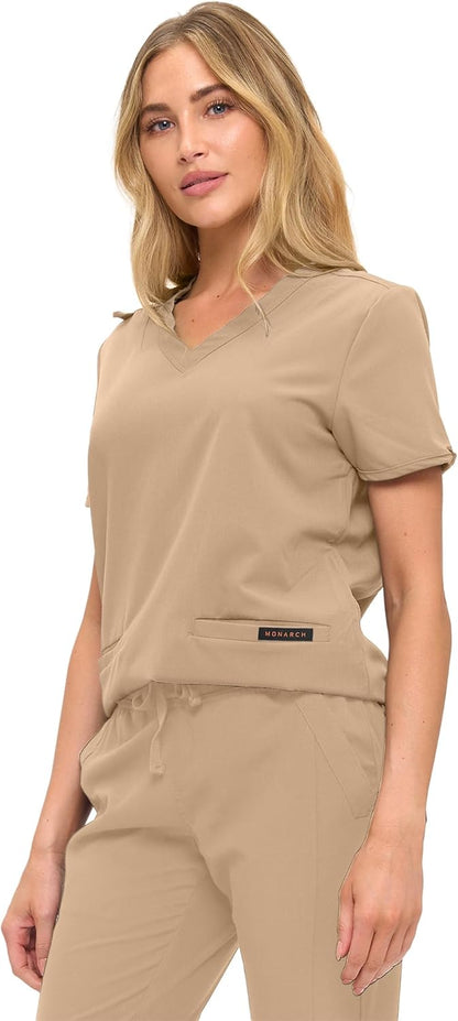 Monarch Uniforms Women's Scrub Top – Comfortable Stretch V-Neck Medical Shirt with Pockets - Khaki