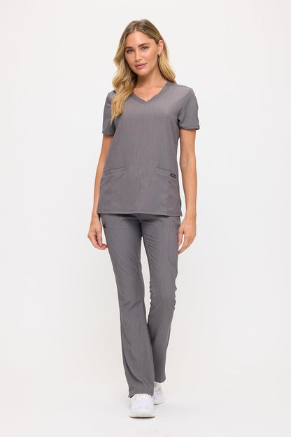 Monarch Uniforms Women's Soft Stretch Scrub Set With Nine Pockets – V-Neck Top & High-Waisted Bootcut Pants - Heather Grey