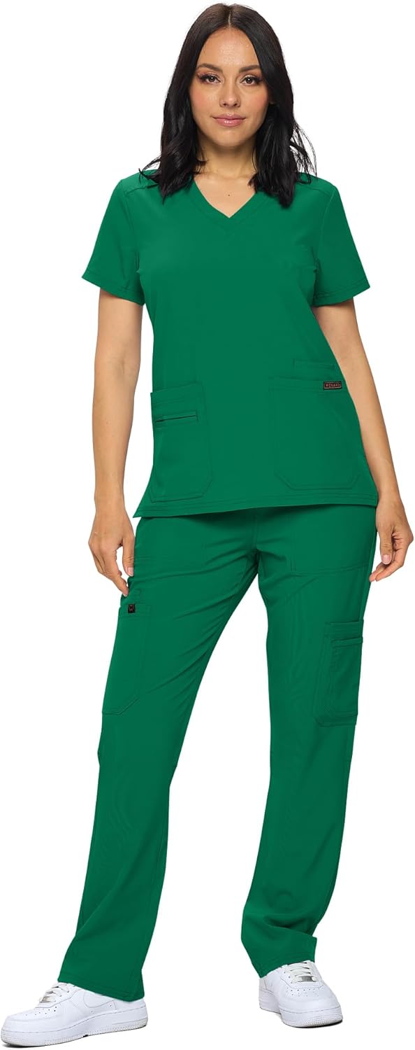Monarch Uniforms Scrub Sets - Regular & Petite Stretchy Scrubs for Women - Set of Top & Pants - Hunter Green