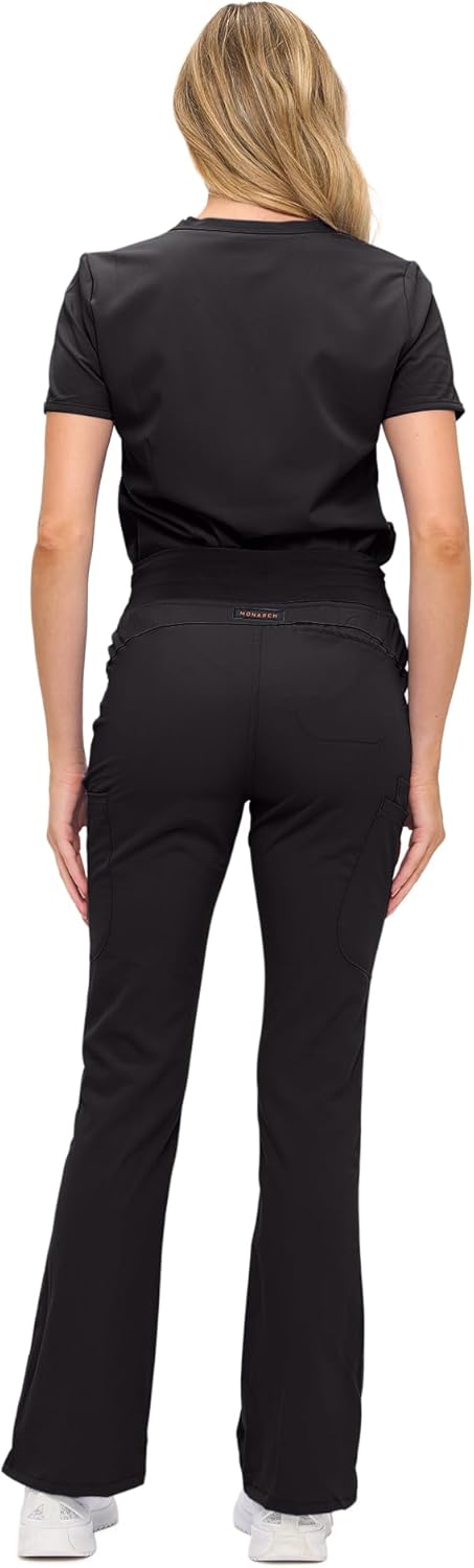 Monarch Uniforms Women's Soft Stretch Scrub Set With Nine Pockets – V-Neck Top & High-Waisted Bootcut Pants - Black