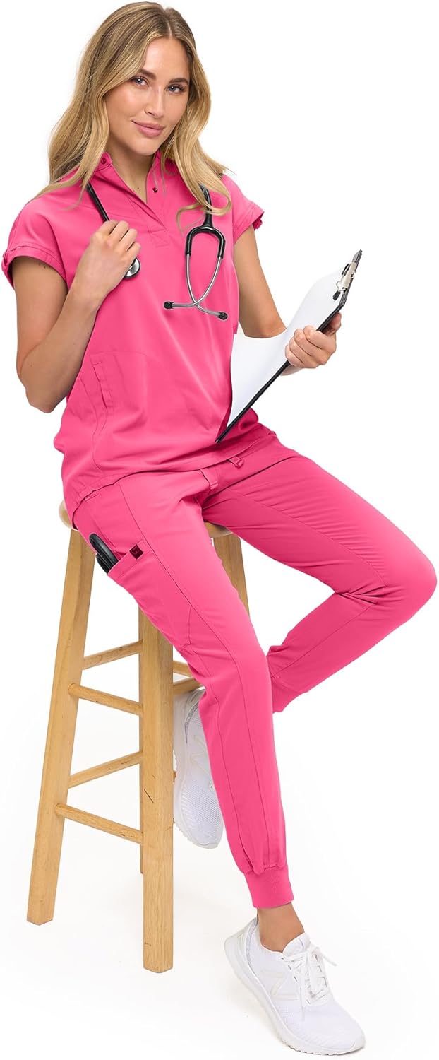 Monarch Uniforms Women's Jogger Scrub Set with Oversized Scrub Top with Mandarin Collar - Hot Pink