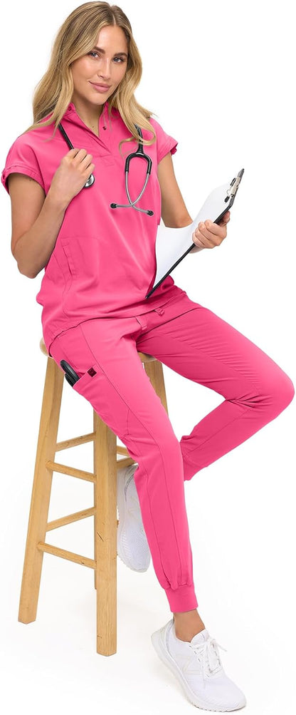 Monarch Uniforms Women's Jogger Scrub Set with Oversized Scrub Top with Mandarin Collar - Hot Pink