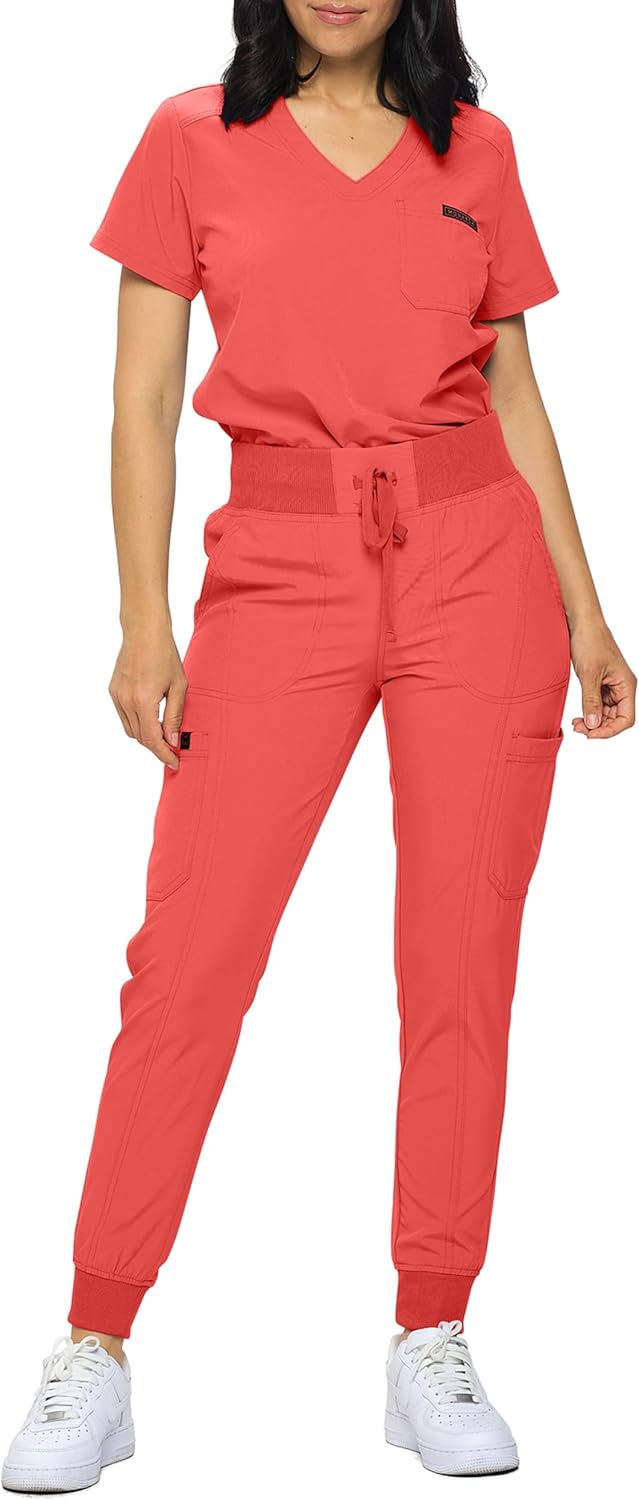 Monarch Uniforms Slim Fit Stretchy Scrubs Women's Jogger Scrub Set with Tuck-In Top - Coral