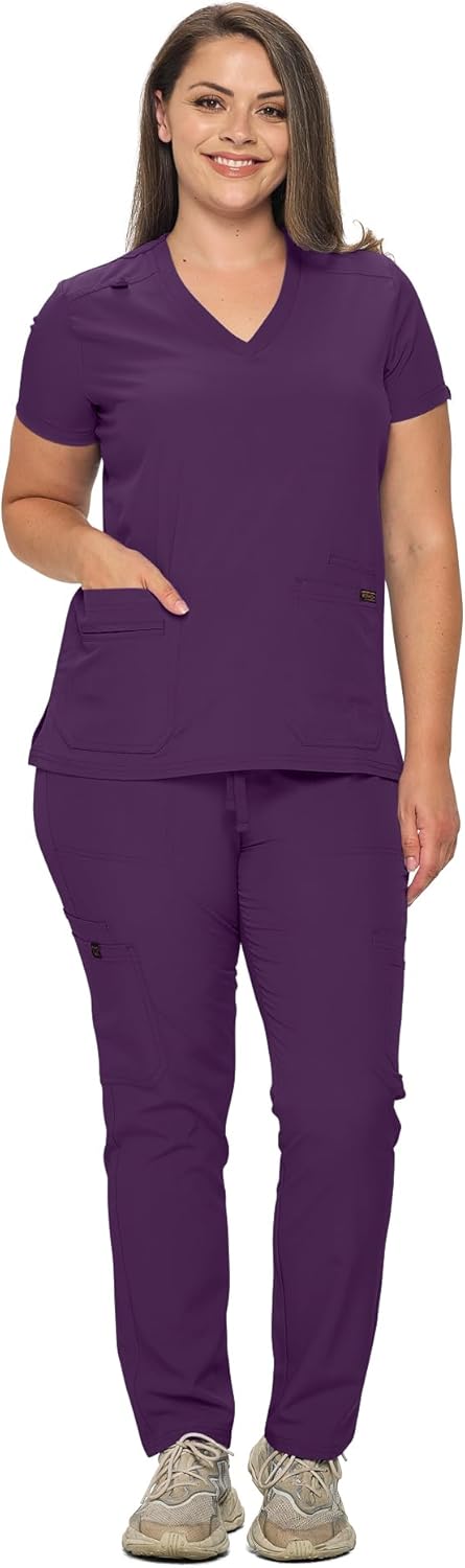 Monarch Uniforms Scrub Sets - Regular & Petite Stretchy Scrubs for Women - Set of Top & Pants - Eggplant