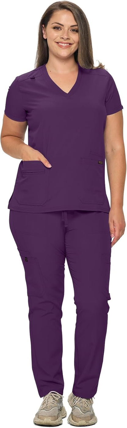 Monarch Uniforms Scrub Sets - Regular & Petite Stretchy Scrubs for Women - Set of Top & Pants - Eggplant