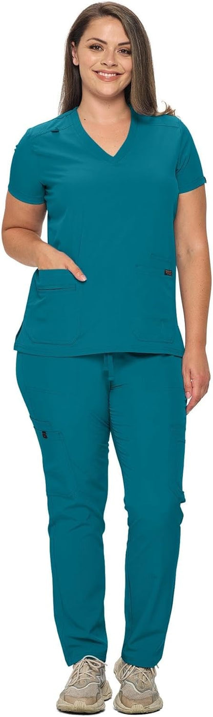 Monarch Uniforms Scrub Sets - Regular & Petite Stretchy Scrubs for Women - Set of Top & Pants - Caribbean Blue