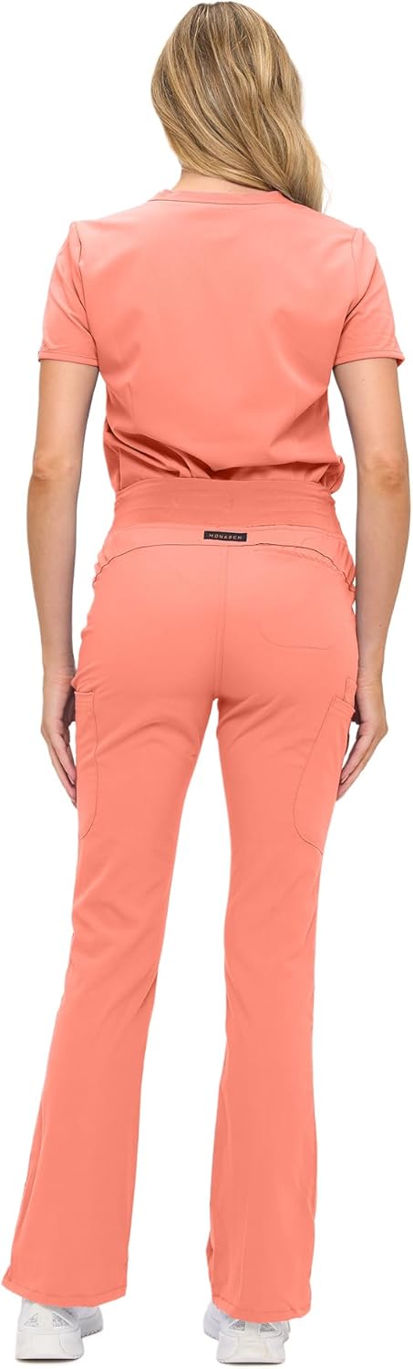 Monarch Uniforms Women's Soft Stretch Scrub Set With Nine Pockets – V-Neck Top & High-Waisted Bootcut Pants - Coral