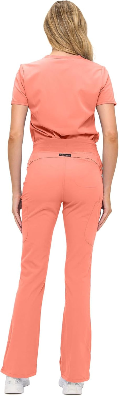 Monarch Uniforms Women's Soft Stretch Scrub Set With Nine Pockets – V-Neck Top & High-Waisted Bootcut Pants - Coral