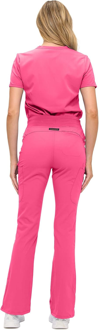 Monarch Uniforms Women's Soft Stretch Scrub Set With Nine Pockets – V-Neck Top & High-Waisted Bootcut Pants - Hot Pink