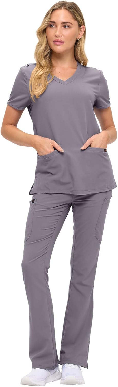 Monarch Uniforms Women's Soft Stretch Scrub Set With Nine Pockets – V-Neck Top & High-Waisted Bootcut Pants - Charcoal