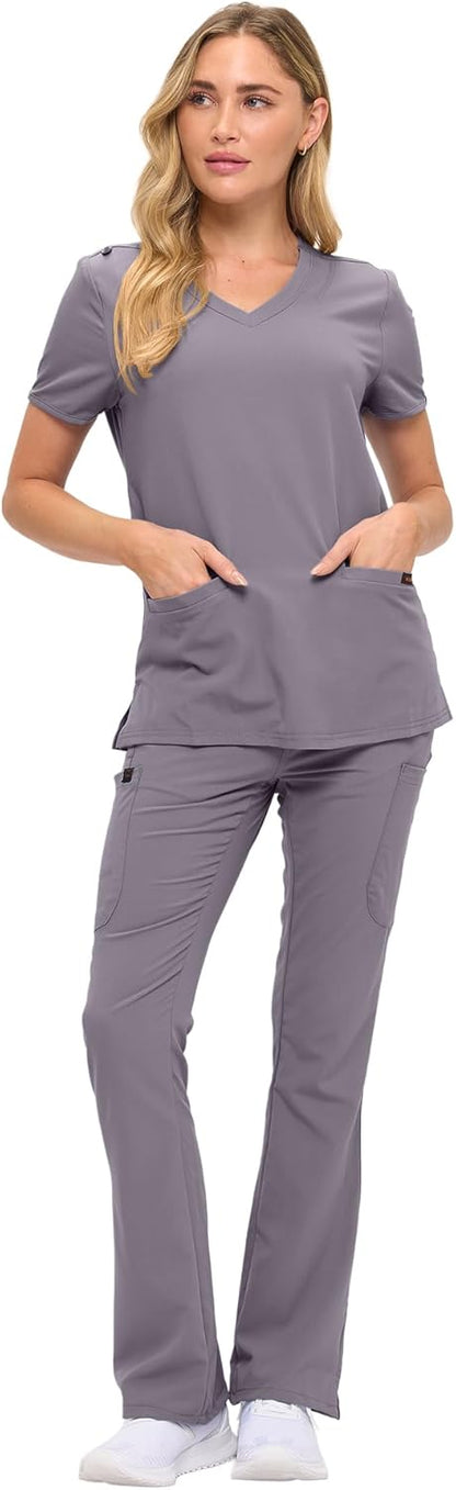 Monarch Uniforms Women's Soft Stretch Scrub Set With Nine Pockets – V-Neck Top & High-Waisted Bootcut Pants - Charcoal