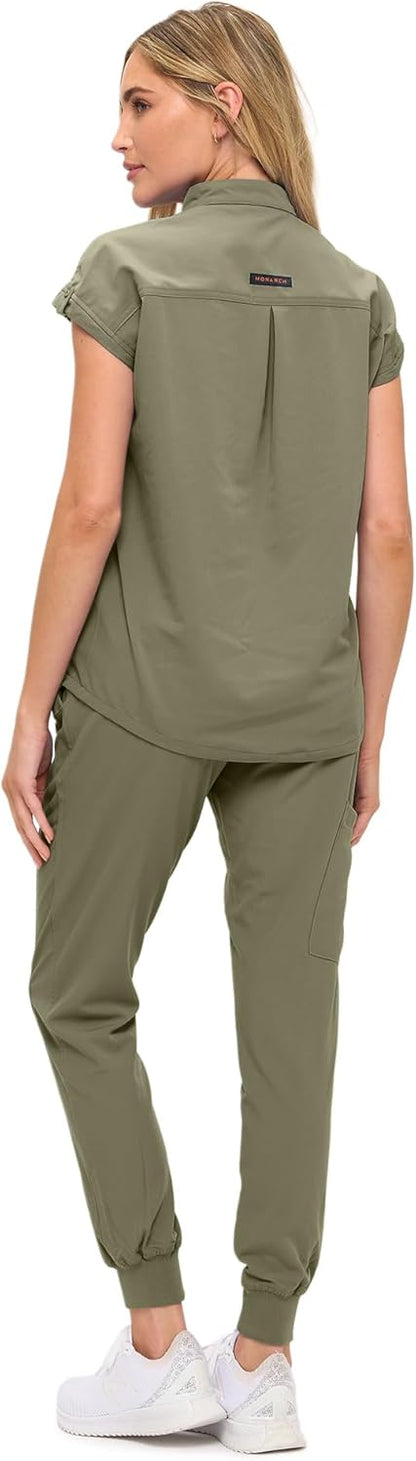 Monarch Uniforms Women's Jogger Scrub Set with Oversized Scrub Top with Mandarin Collar - Olive
