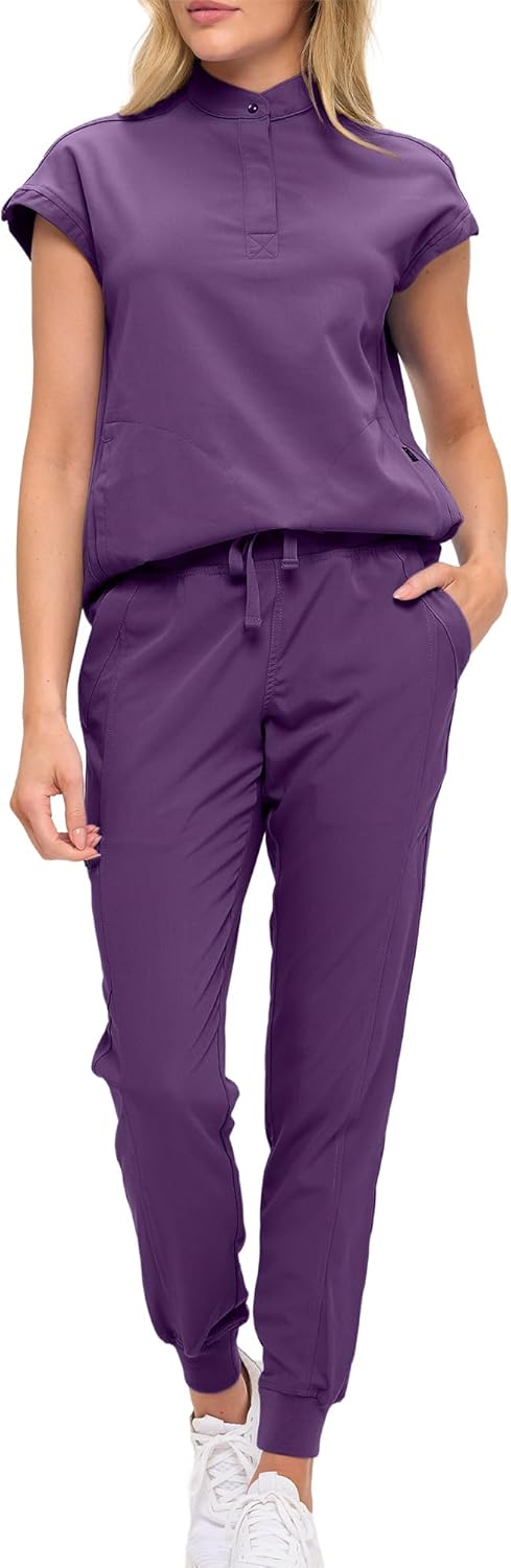 Monarch Uniforms Women's Jogger Scrub Set with Oversized Scrub Top with Mandarin Collar - Eggplant