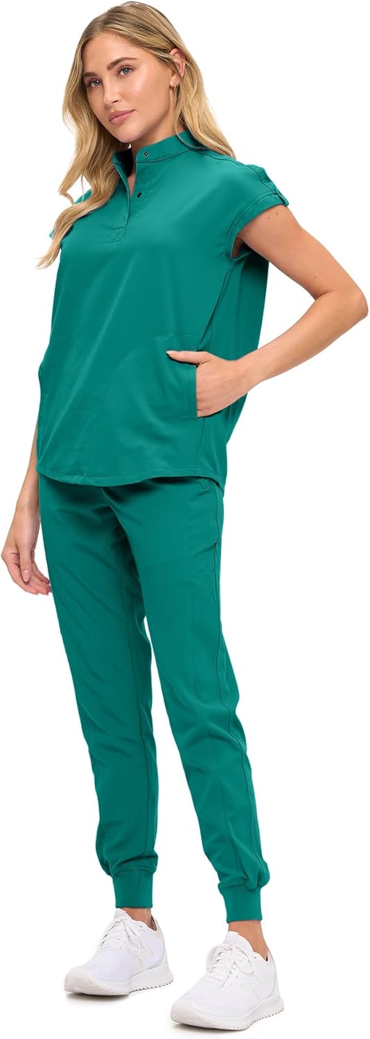 Monarch Uniforms Women's Jogger Scrub Set with Oversized Scrub Top with Mandarin Collar - True Hunter Green