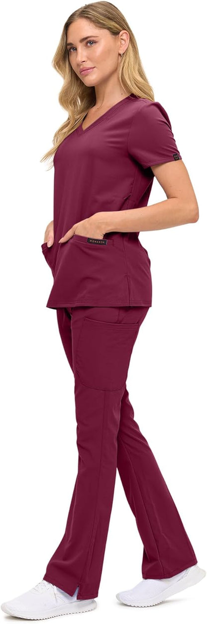 Monarch Uniforms Women's Soft Stretch Scrub Set With Nine Pockets – V-Neck Top & High-Waisted Bootcut Pants - Burgundy