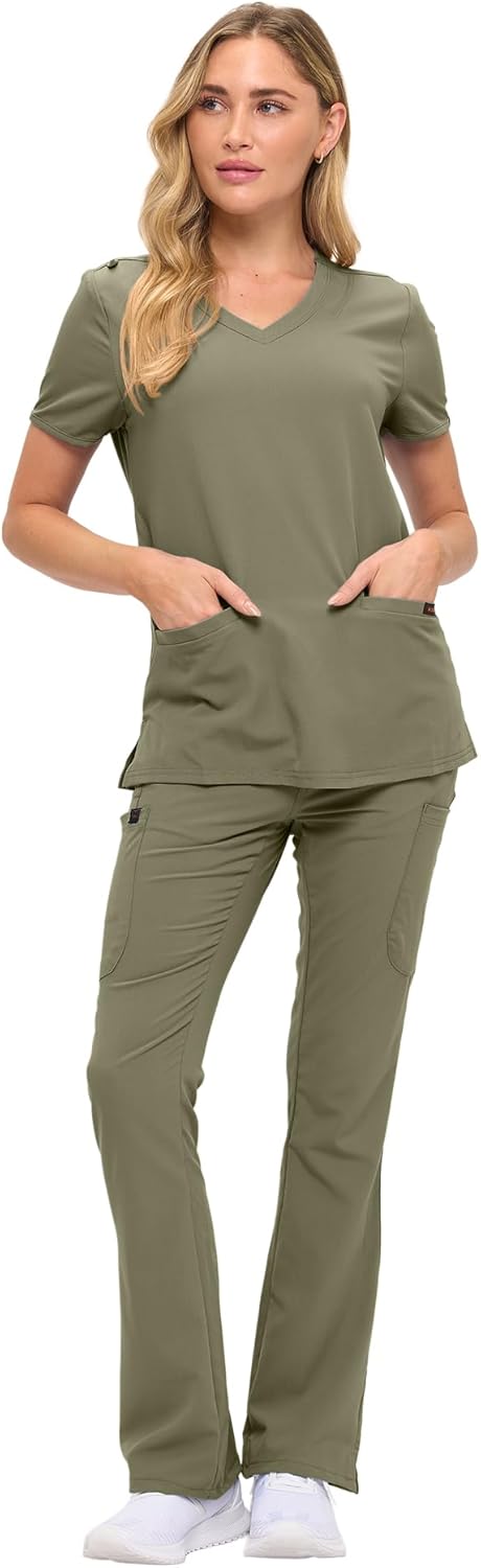 Monarch Uniforms Women's Soft Stretch Scrub Set With Nine Pockets – V-Neck Top & High-Waisted Bootcut Pants - Olive