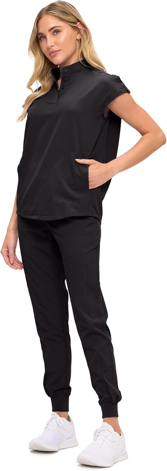 Monarch Uniforms Women's Jogger Scrub Set with Oversized Scrub Top with Mandarin Collar - Black