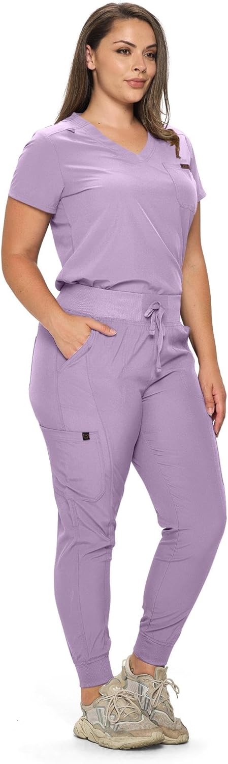 Monarch Uniforms Slim Fit Stretchy Scrubs Women's Jogger Scrub Set with Tuck-In Top - Lavender