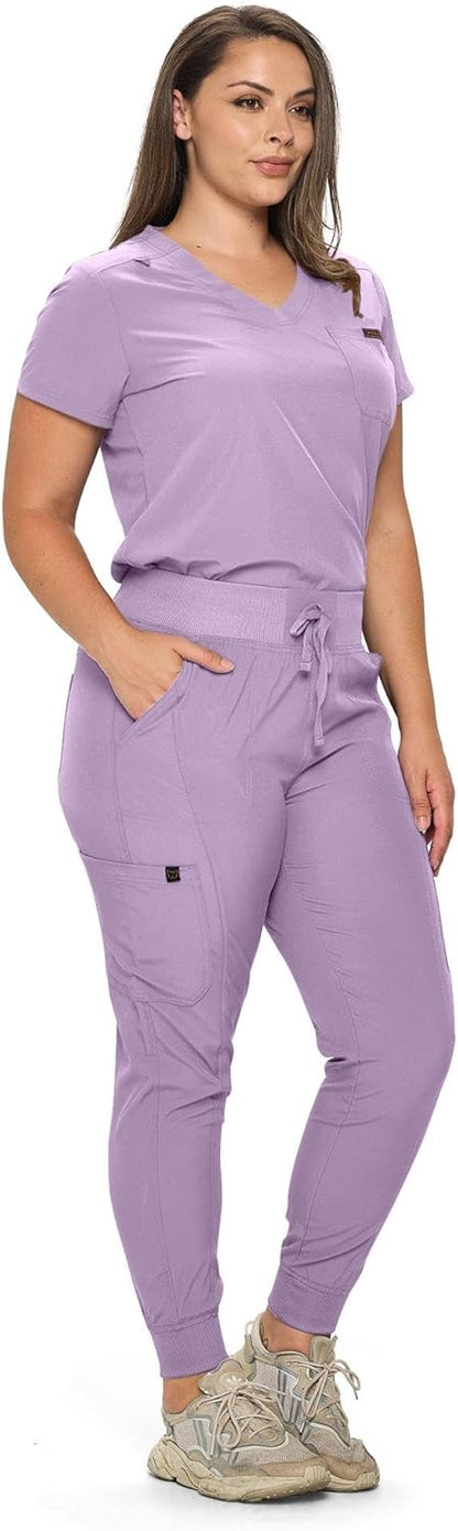 Monarch Uniforms Slim Fit Stretchy Scrubs Women's Jogger Scrub Set with Tuck-In Top - Lavender