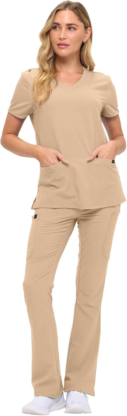 Monarch Uniforms Women's Soft Stretch Scrub Set With Nine Pockets – V-Neck Top & High-Waisted Bootcut Pants - Khaki