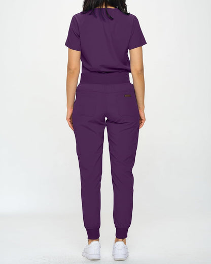 Monarch Uniforms Slim Fit Stretchy Scrubs Women's Jogger Scrub Set with Tuck-In Top - Eggplant