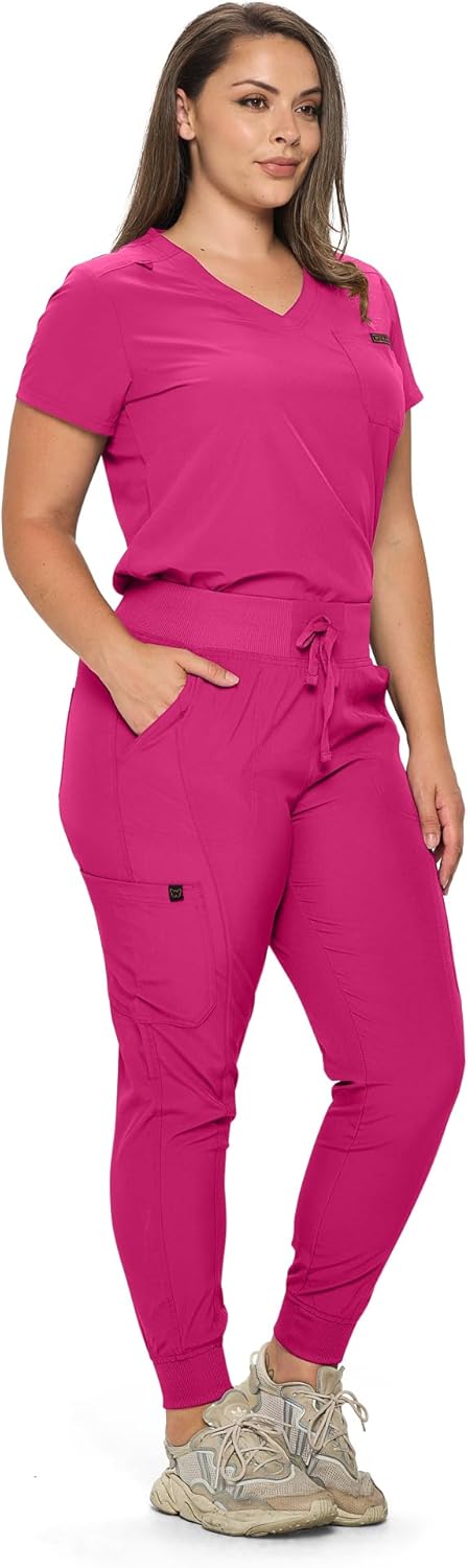 Monarch Uniforms Slim Fit Stretchy Scrubs Women's Jogger Scrub Set with Tuck-In Top - Hot Pink