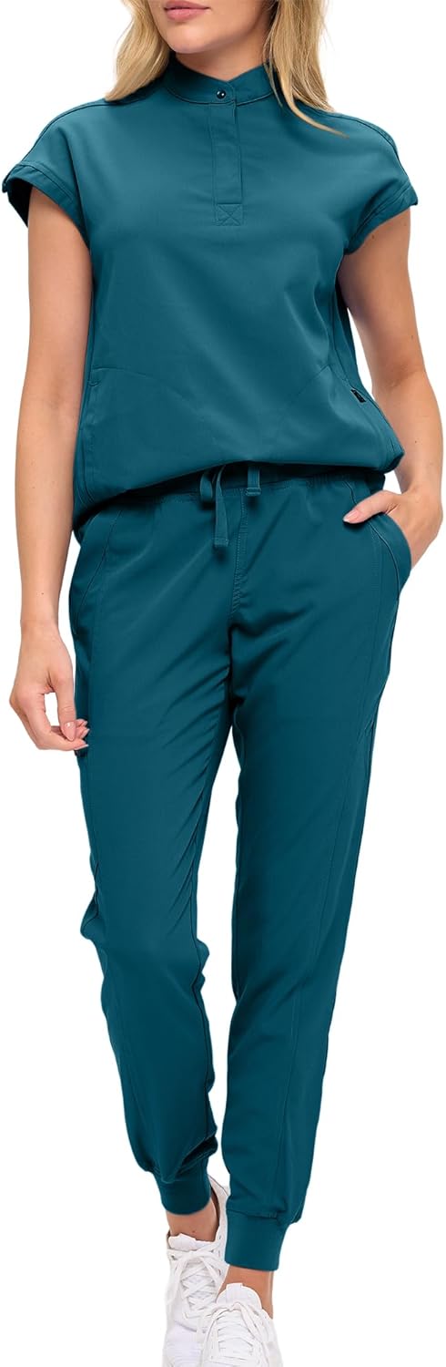 Monarch Uniforms Women's Jogger Scrub Set with Oversized Scrub Top with Mandarin Collar - Caribbean Blue