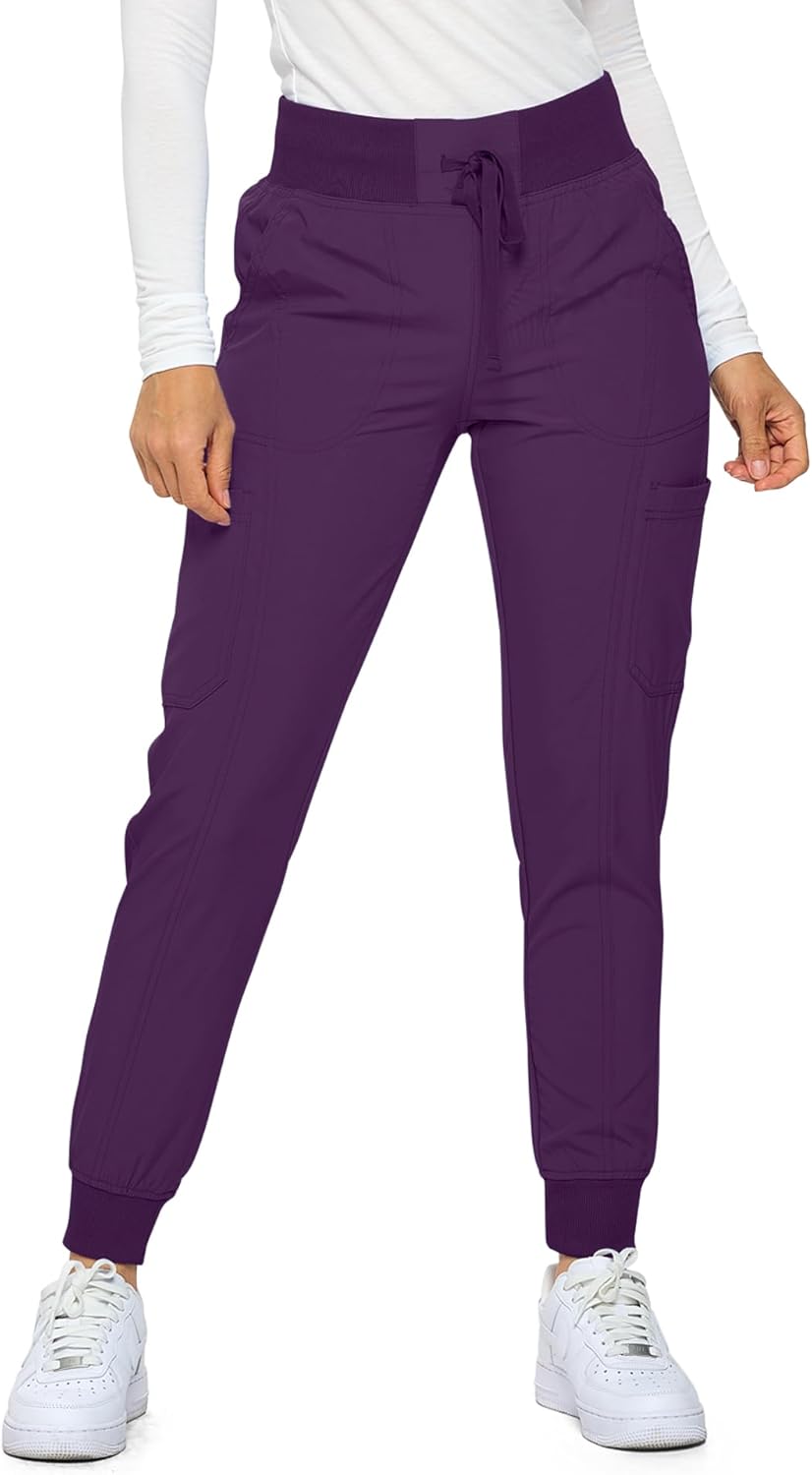 Monarch Uniforms Women's Jogger Scrubs Ribbed Jogger Scrub Pants for Women - Eggplant