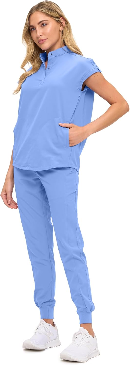 Monarch Uniforms Women's Jogger Scrub Set with Oversized Scrub Top with Mandarin Collar - Ceil Blue