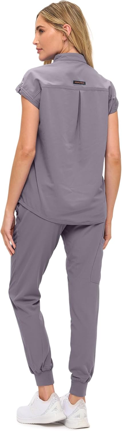 Monarch Uniforms Women's Jogger Scrub Set with Oversized Scrub Top with Mandarin Collar - Charcoal