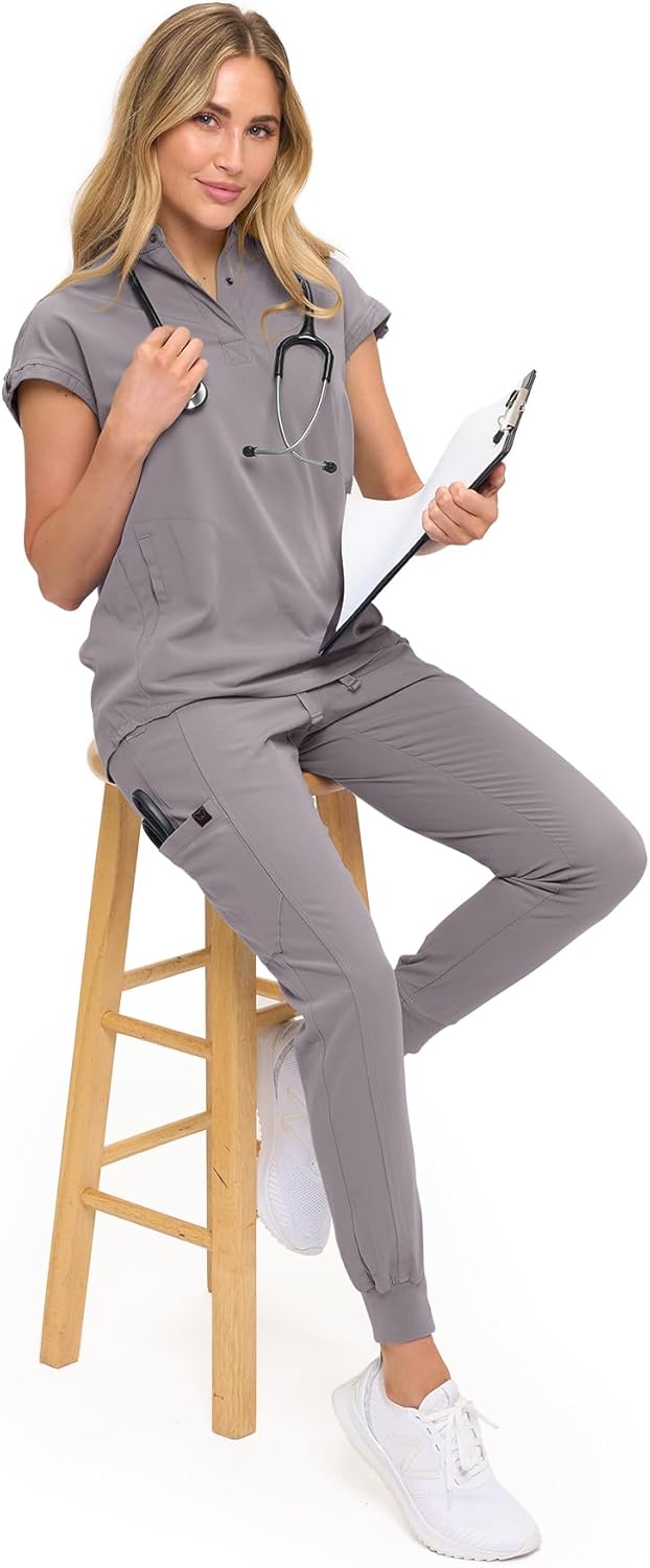 Monarch Uniforms Women's Jogger Scrub Set with Oversized Scrub Top with Mandarin Collar - Heather Grey
