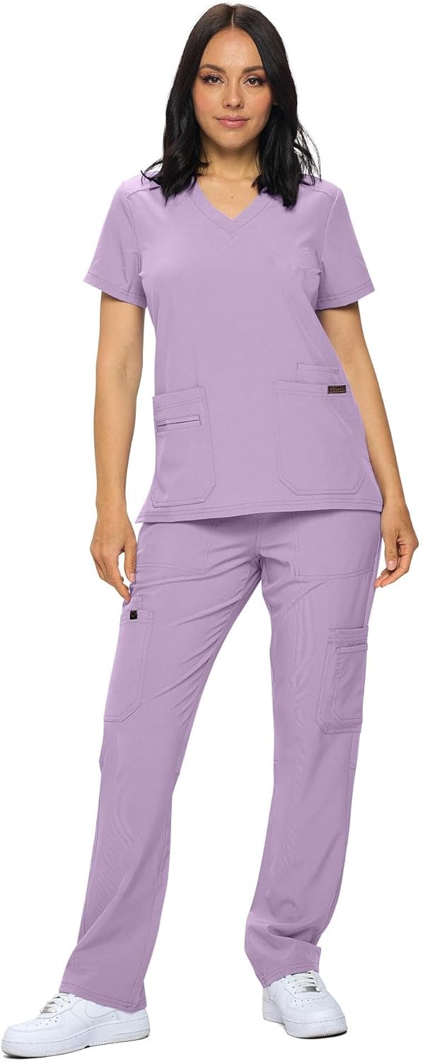 Monarch Uniforms Scrub Sets - Regular & Petite Stretchy Scrubs for Women - Set of Top & Pants - Lavender