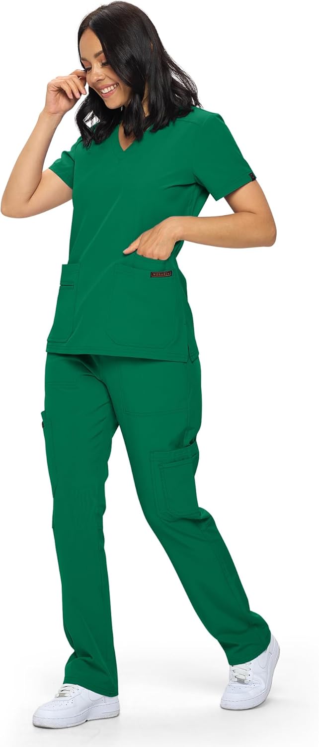 Monarch Uniforms Scrub Sets - Regular & Petite Stretchy Scrubs for Women - Set of Top & Pants - Hunter Green