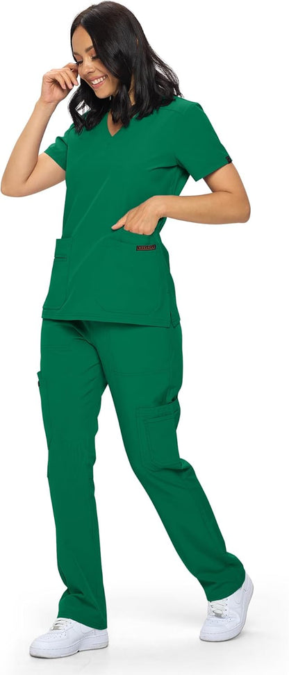 Monarch Uniforms Scrub Sets - Regular & Petite Stretchy Scrubs for Women - Set of Top & Pants - Hunter Green