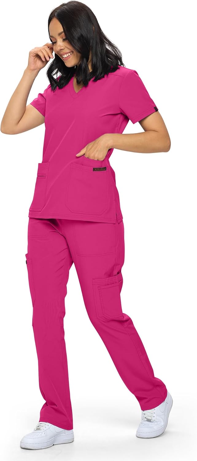 Monarch Uniforms Scrub Sets - Regular & Petite Stretchy Scrubs for Women - Set of Top & Pants - Hot Pink