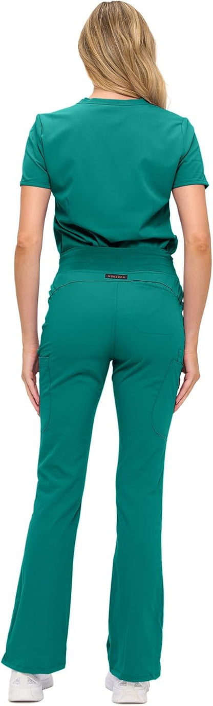 Monarch Uniforms Women's Soft Stretch Scrub Set With Nine Pockets – V-Neck Top & High-Waisted Bootcut Pants - True Hunter Green