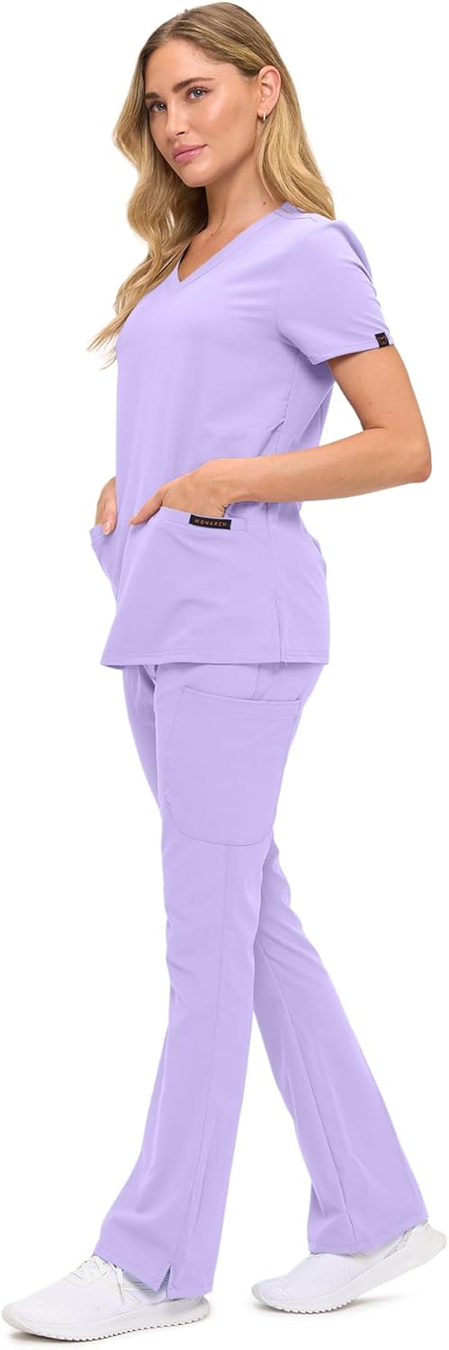 Monarch Uniforms Women's Soft Stretch Scrub Set With Nine Pockets – V-Neck Top & High-Waisted Bootcut Pants - Lavender