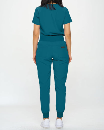 Monarch Uniforms Slim Fit Stretchy Scrubs Women's Jogger Scrub Set with Tuck-In Top - Caribbean Blue