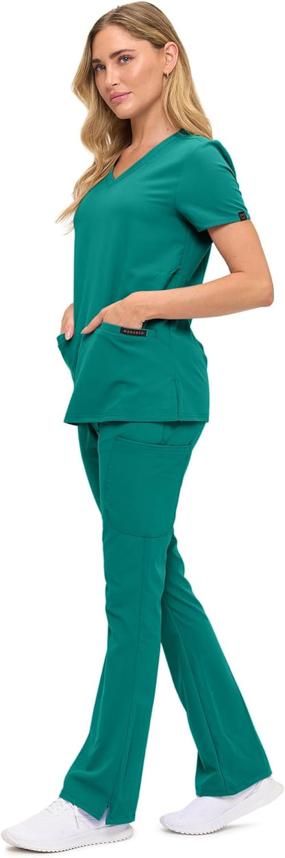 Monarch Uniforms Women's Soft Stretch Scrub Set With Nine Pockets – V-Neck Top & High-Waisted Bootcut Pants - True Hunter Green