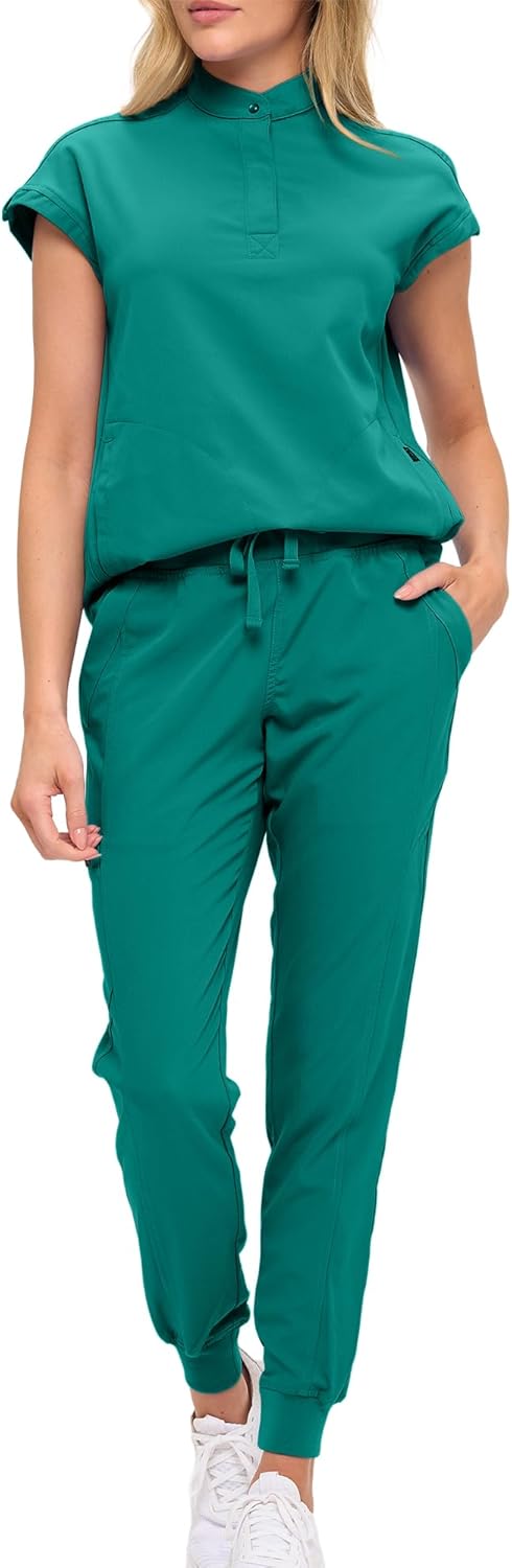 Monarch Uniforms Women's Jogger Scrub Set with Oversized Scrub Top with Mandarin Collar - True Hunter Green