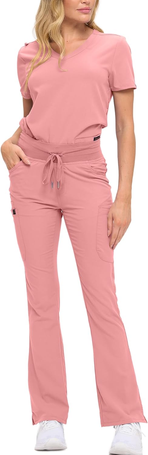 Monarch Uniforms Women's Soft Stretch Scrub Set With Nine Pockets – V-Neck Top & High-Waisted Bootcut Pants - Mauve