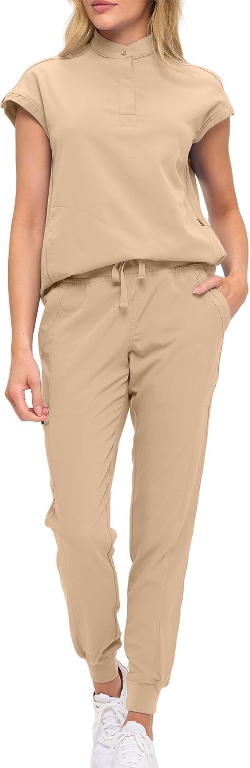 Monarch Uniforms Women's Jogger Scrub Set with Oversized Scrub Top with Mandarin Collar - Khaki