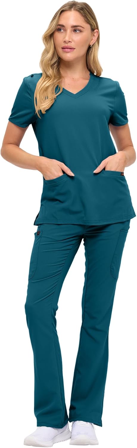 Monarch Uniforms Women's Soft Stretch Scrub Set With Nine Pockets – V-Neck Top & High-Waisted Bootcut Pants - Caribbean Blue